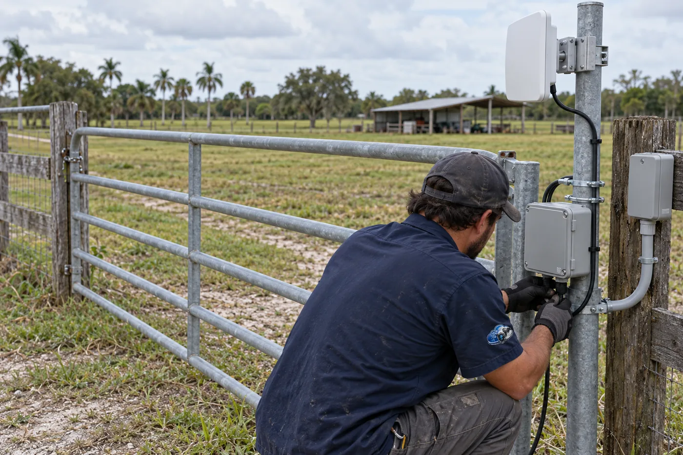 Illustrative rural gate installation: a directional wireless bridge, closed local power enclosure and technician working on low-voltage cable entry.