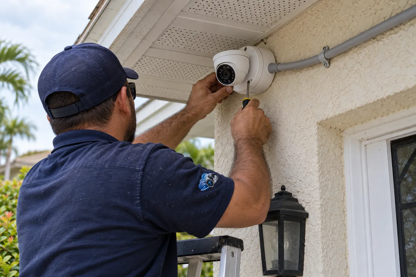 Illustrative camera mounting scene: technician securing a turret camera to a sealed junction base beneath a South Florida stucco soffit.