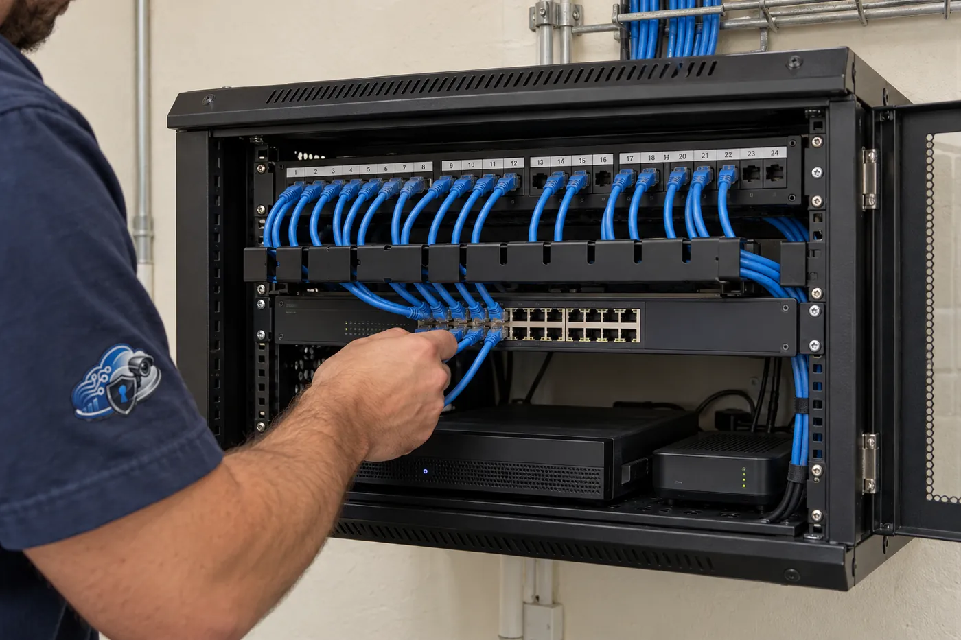 Illustrative network installation detail: patch panel, cable manager and switch with routed Ethernet leads in a wall-mounted rack.